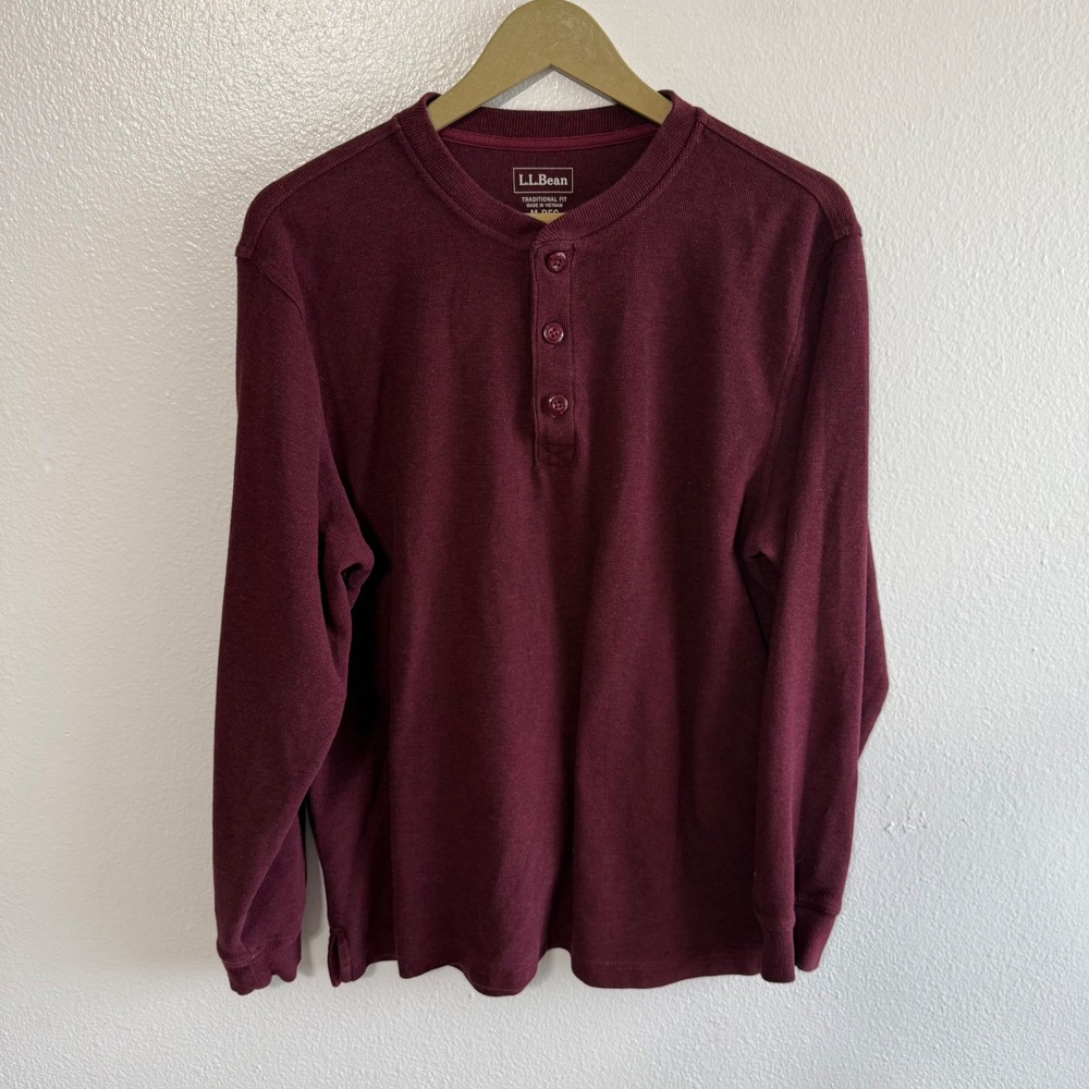 L.L.Bean Men's Size Medium Burgundy Unshrinkable Mini-Waffle Long Sleeve Henley